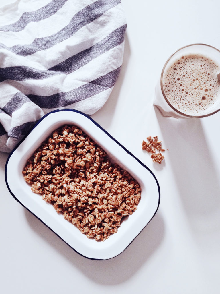 dish of baked oatmeal with kitchen towel