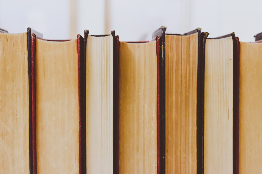 row of antique books with pages facing out